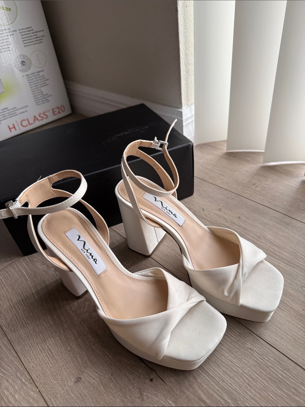 Nina White Platform Ankle-Strap Block Heels